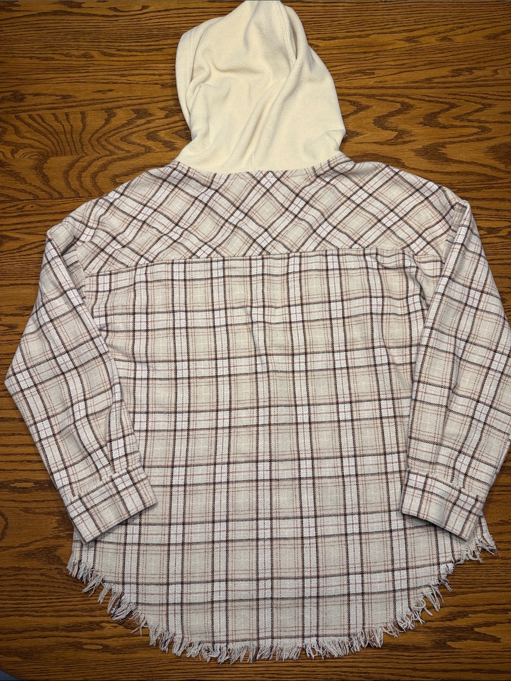 Plaid Hooded Snap-Front Shirt Jacket in Cream - Picture 6 of 6